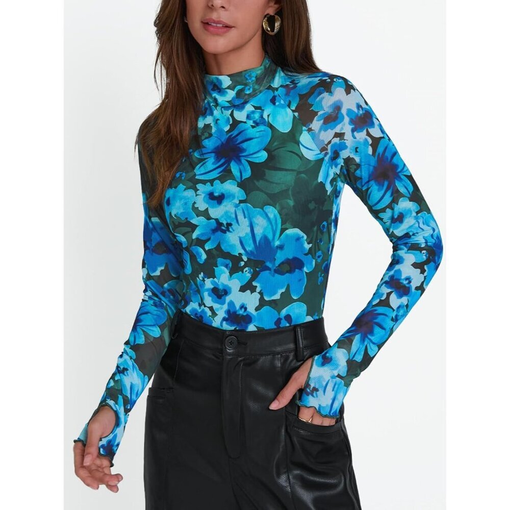 Women's Floral Blue Mockneck Fashion Spring Lace Sheer Mesh Going Out Tops - Picture 2 of 6